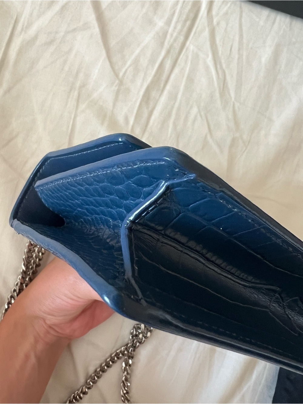 Saint Laurent Small Sunset Bag in Denim Blue Croc-Embossed Leather - Picture 6 of 16